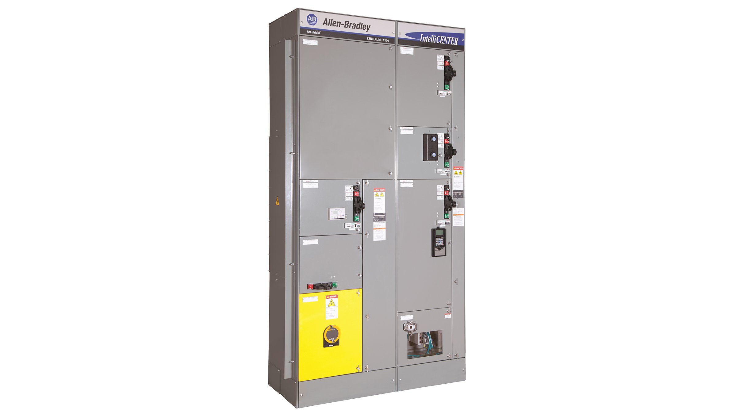 Tall gray industrial cabinet featuring 10 sections. Seven sections contain door handles, push-buttons keypads or windows to see or access the electrical components inside. One bright yellow section features a high voltage danger sticker