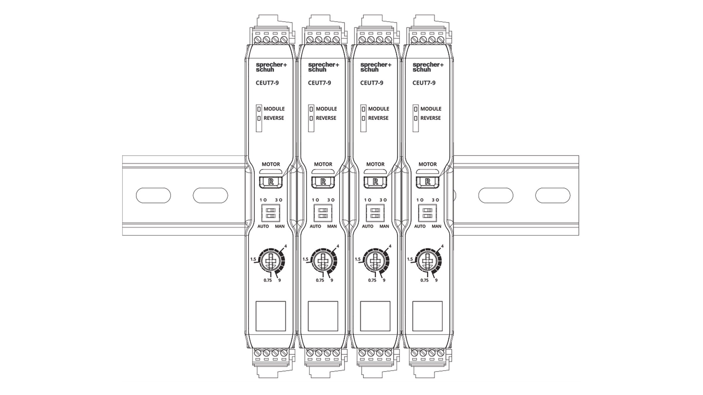 Multiple CEUT7-9 Electronic Starters stacked in Vertical mount position