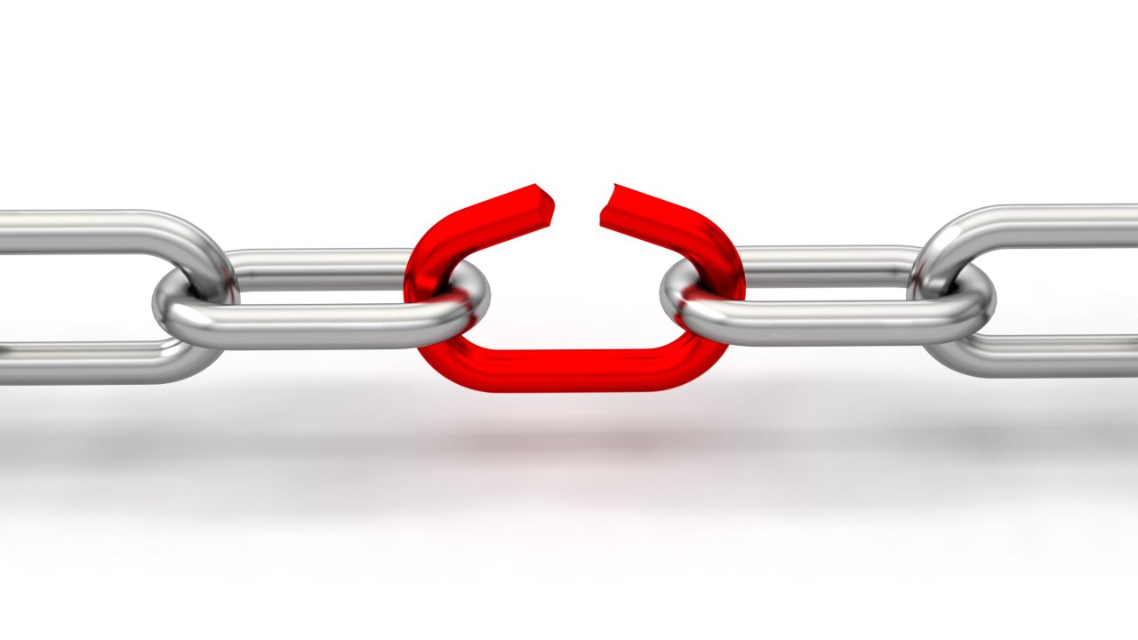 Weak link chain breaks 3D illustration