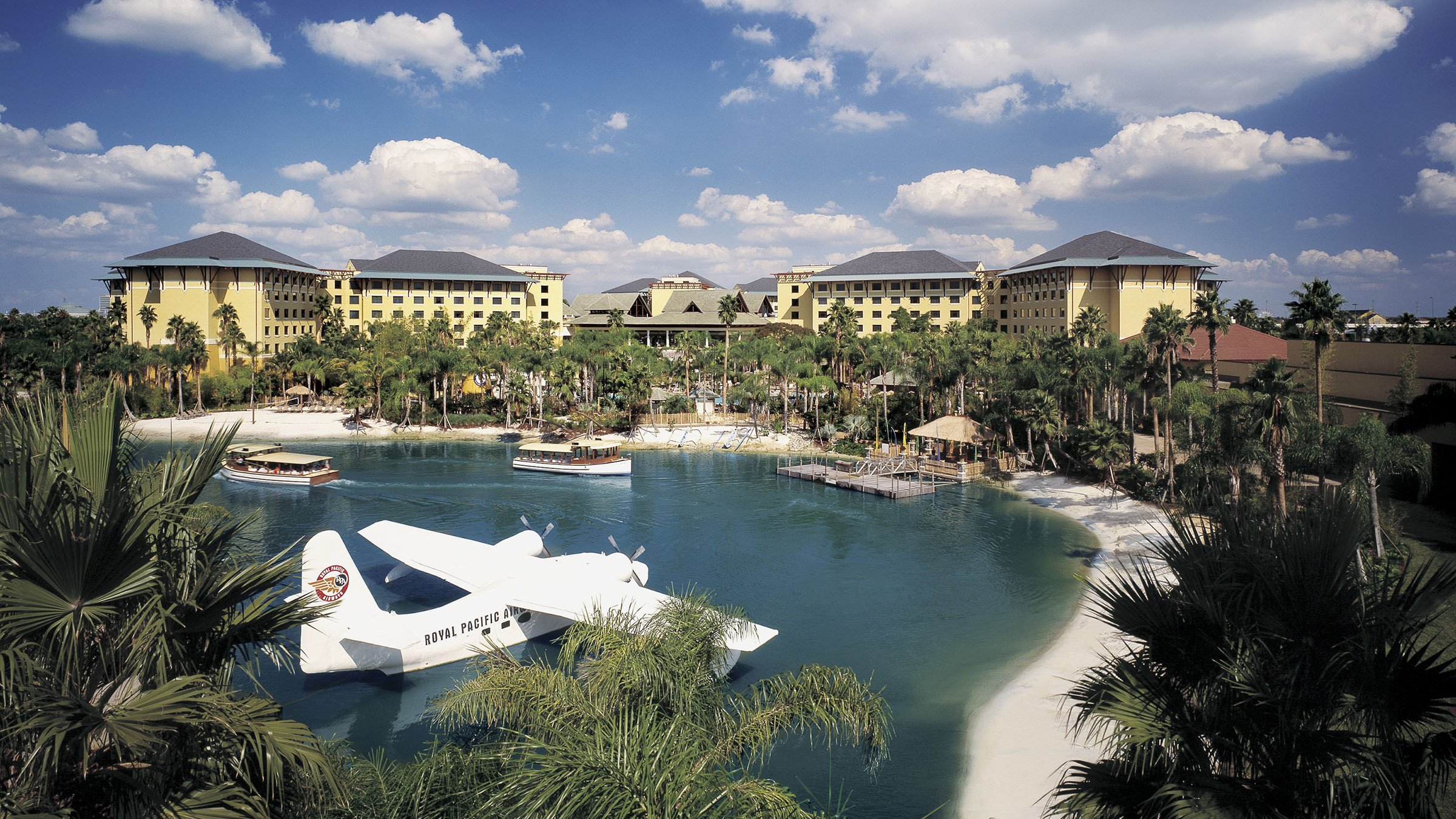 View of the buildings and waterfront at the Loews Royal Pacific Resort in Orlando, Florida