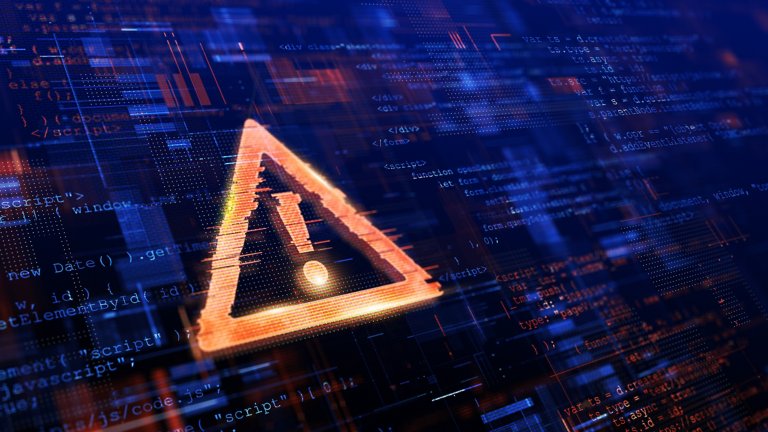 Computer coding background with large orange triangle exclamation point alert sign signaling cyber attack