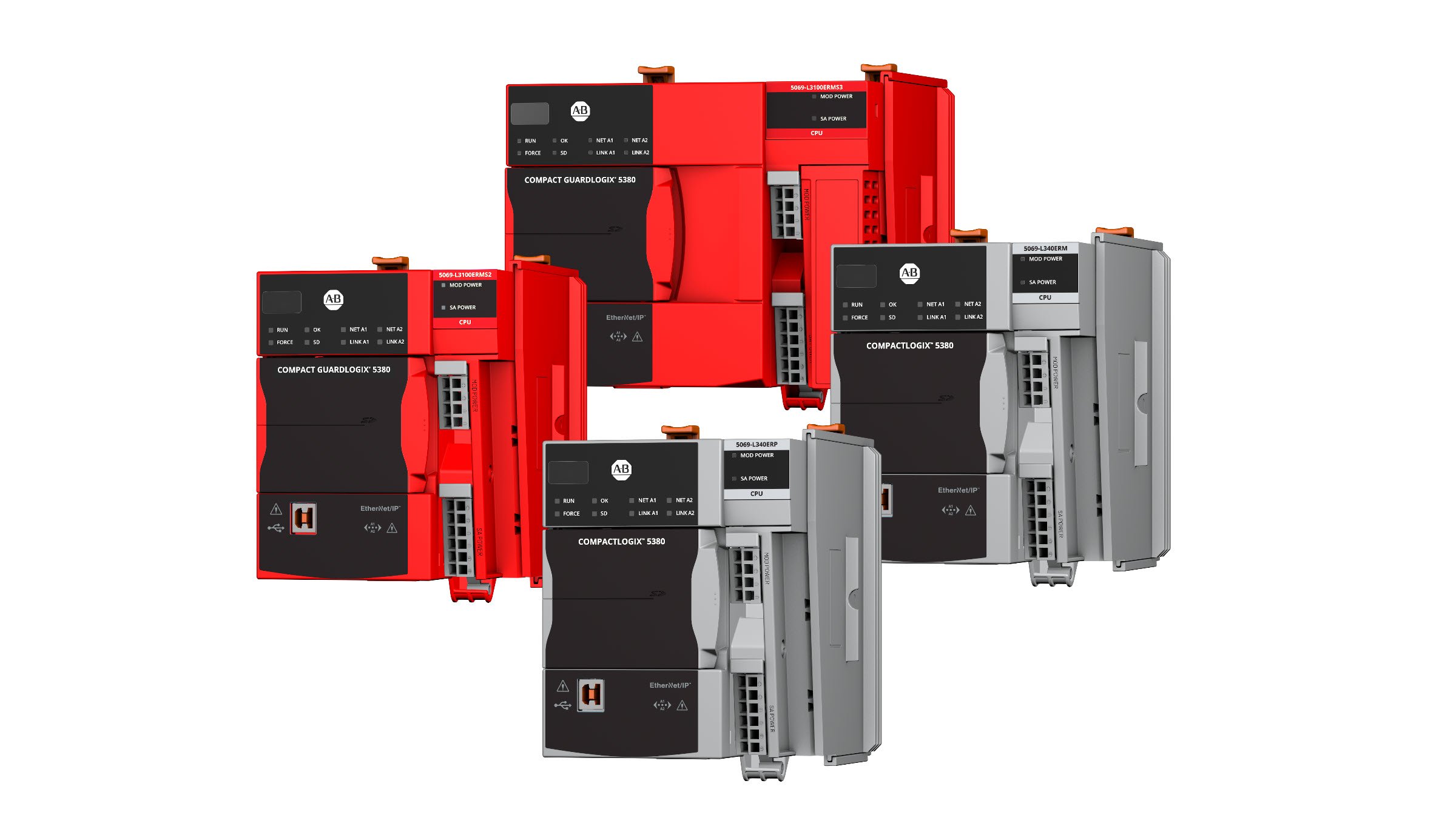 A collage of Compact GuardLogix 5380 and CompactLogix 5380 controllers. Catalogs 5069-L3100ERMS3, 5069-L3100ERMS2, 5069-L340ERM and 5069-L340ERP.