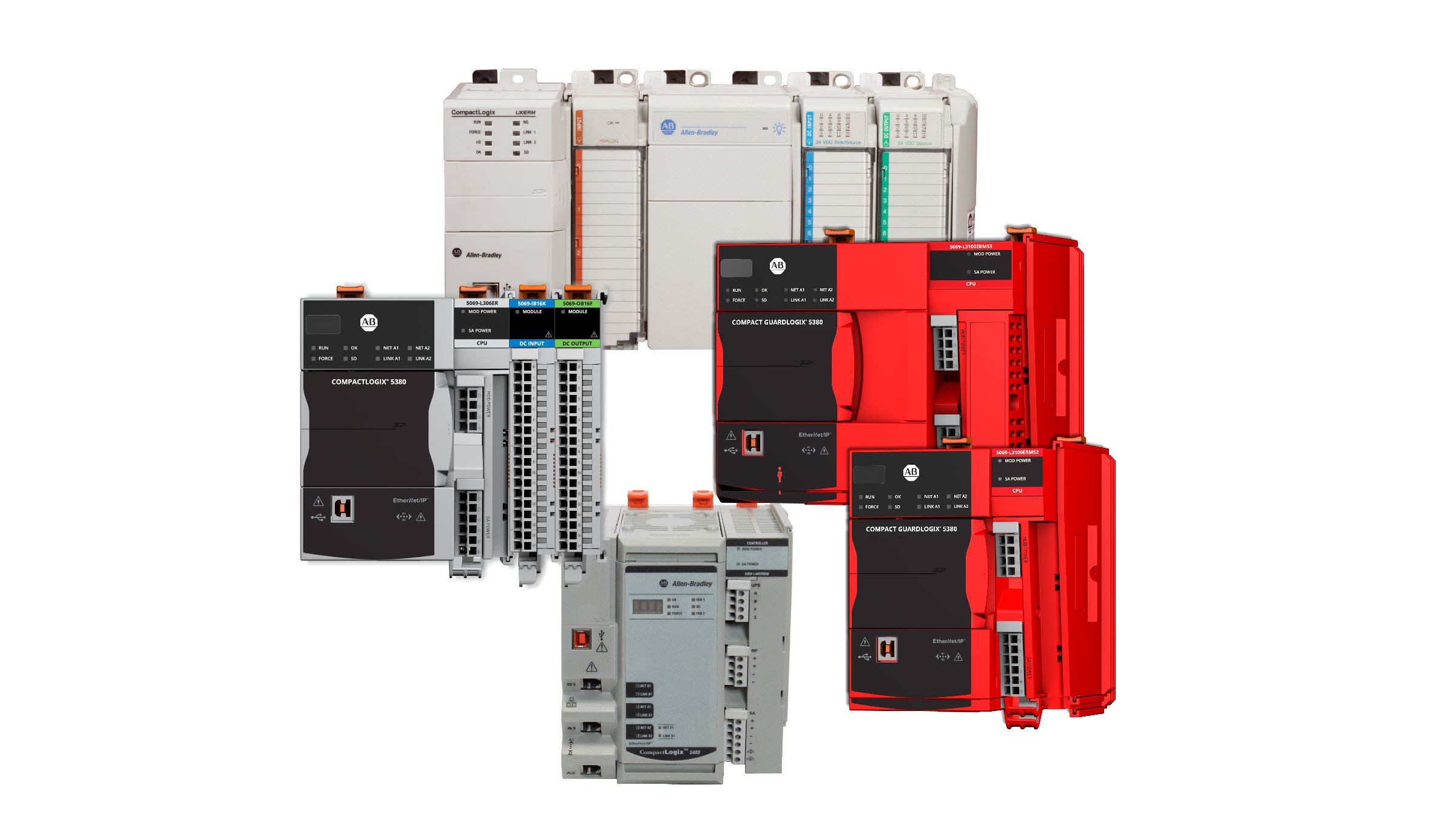 A collage of CompactLogix and Compact GuardLogix controllers. From top to bottom, in left to right order, CompactLogix 5370, CompactLogix 5380, Compact GuardLogix 5380 SIL 3, CompactLogix 5480 and Compact GuardLogix 5380 SIL 2 controllers.