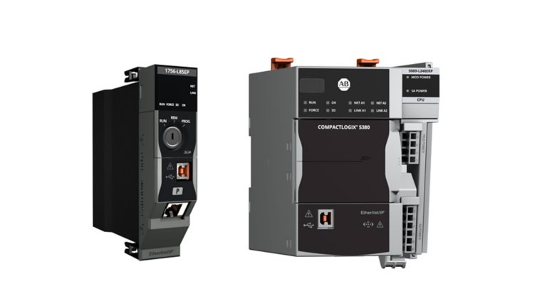 Right-facing view of ControlLogix 5580 and CompactLogix 5380 Process controllers. The catalogs shown are 1756-L85EP and 5069-L340ERP respectively