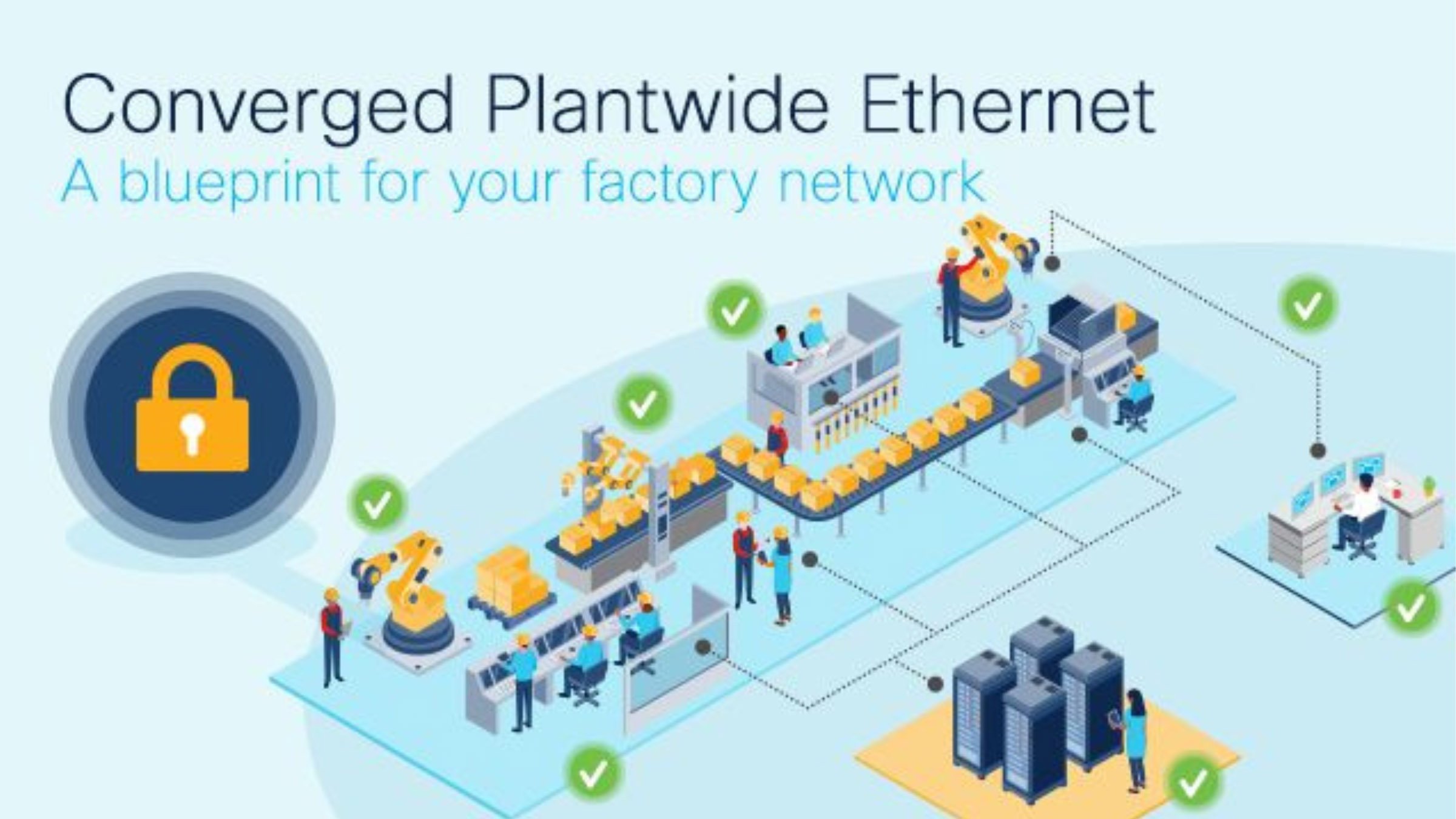 A Converged Plantwide Ethernet blueprint animation diagram displaying the processes, people and connections for a factory network 
