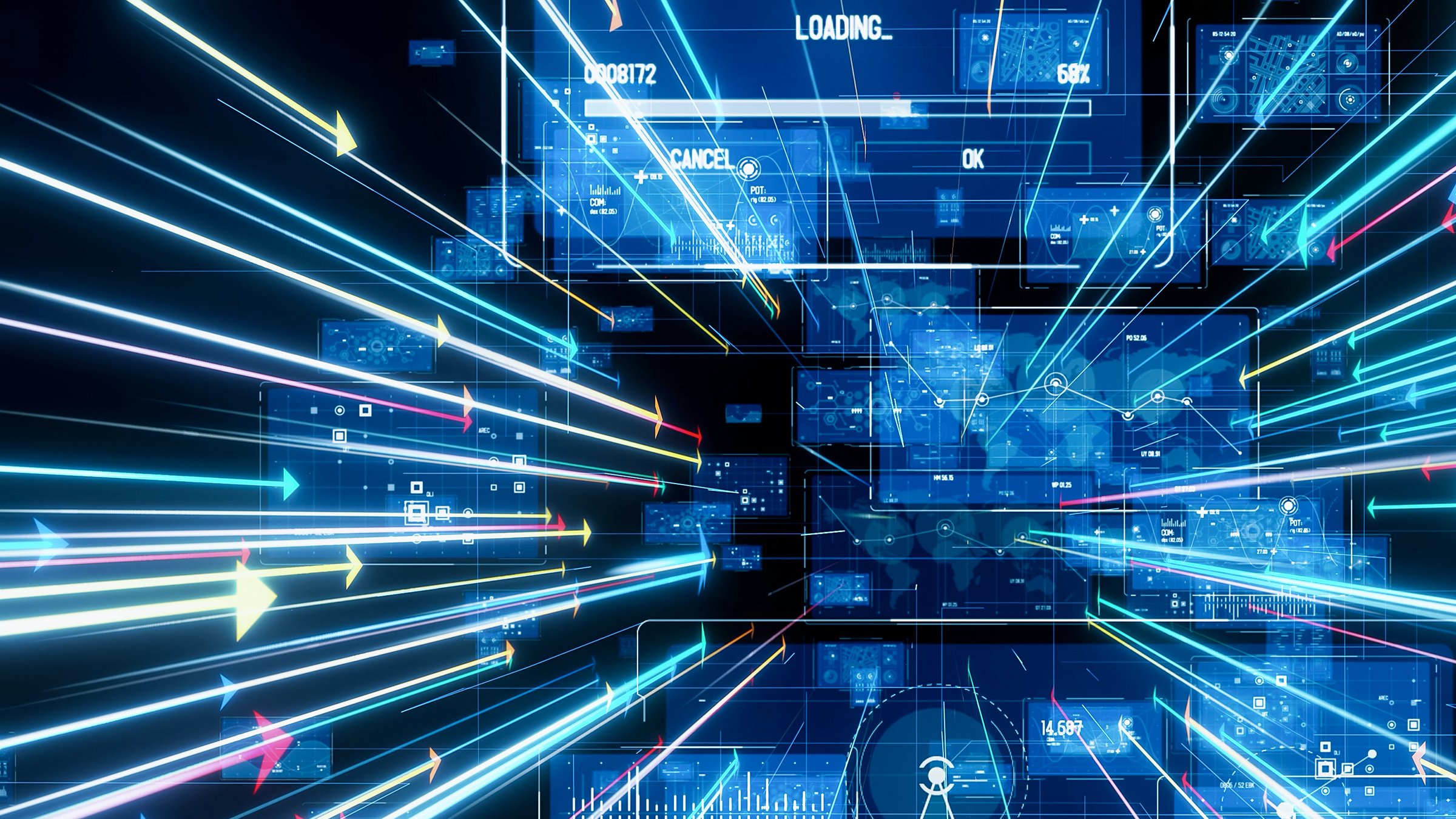 High speed industrial edge computing digital transformation concept. Industrial data center in the background with neon arrows pointing towards the screens representing data transfer.