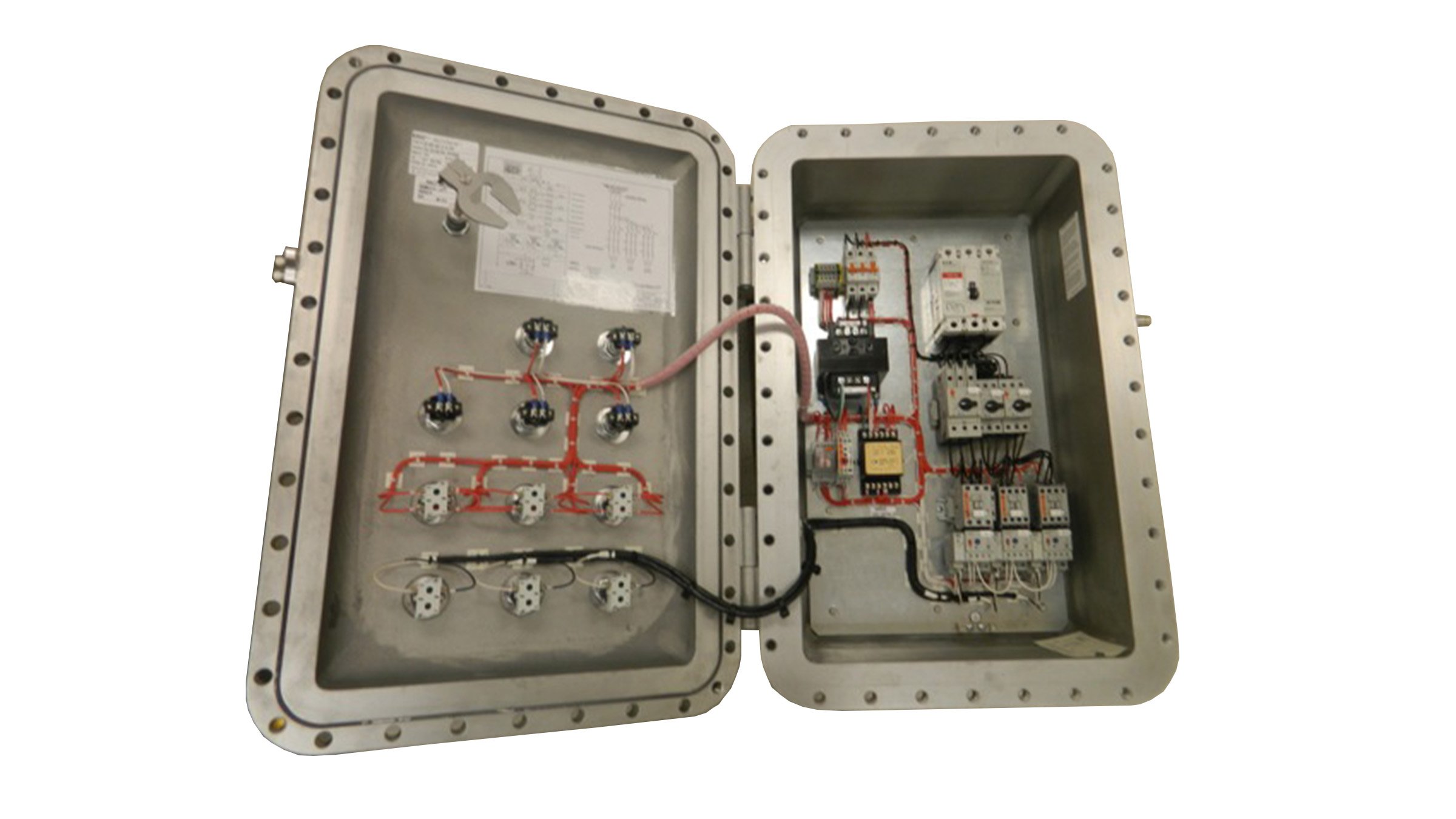 Explosion proof starter panel for controlling pumps in a distillery