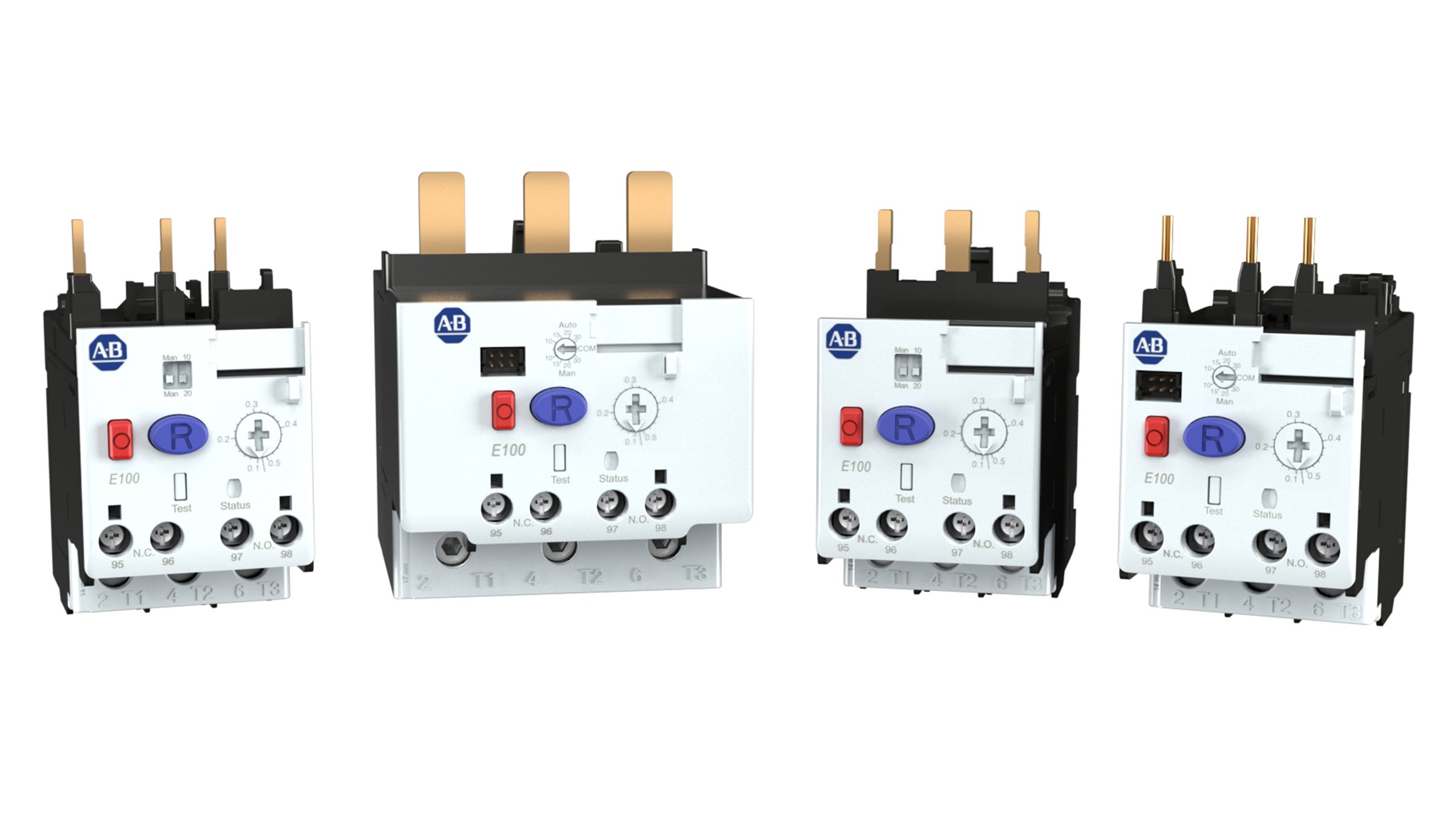 Vue de face de quatre relais électroniques de protection de moteur E100 de différentes tailles. 193-1EEAF