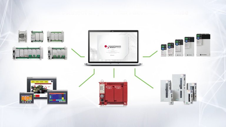 A collage of products that enable Rockwell Automation Micro Control System. From left to right, we see Micro800 controllers, PanelView 800 graphic terminals, Connected Components Workbench software screen on a laptop, Guardmaster 440C-CR30 software configurable safety relays, PowerFlex 520 series drives and Kinetix 5100 servo drives. 