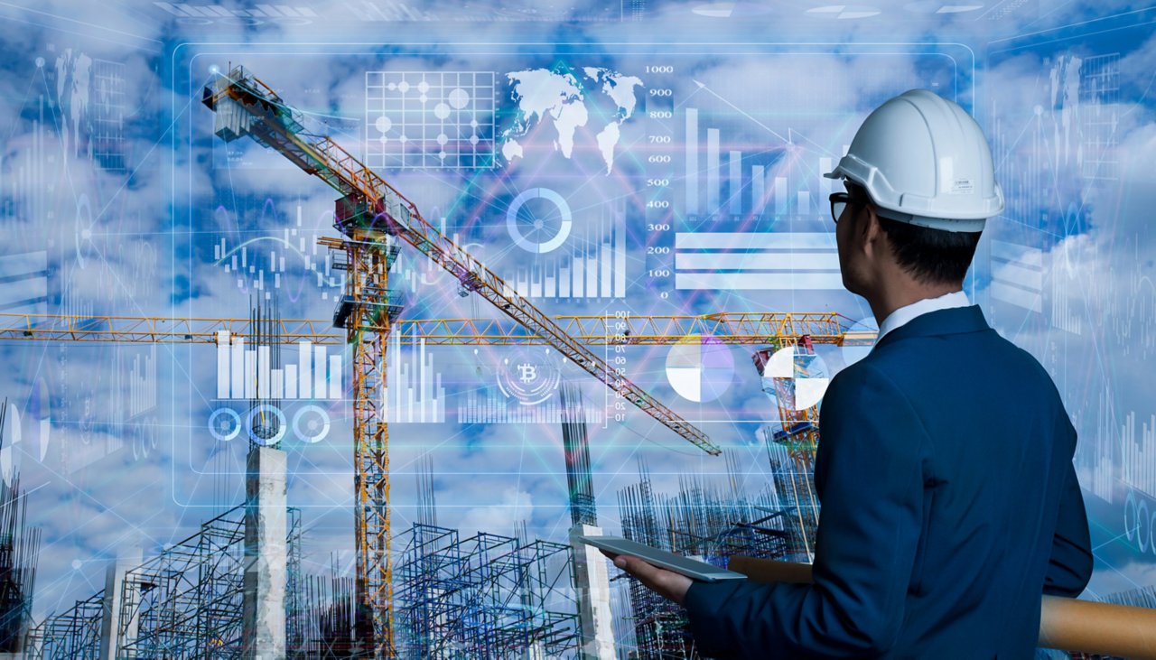 Double exposure engineering using tablet computer and digital technology interfaces icon on construction cranes background, Technology and business industrial concept.