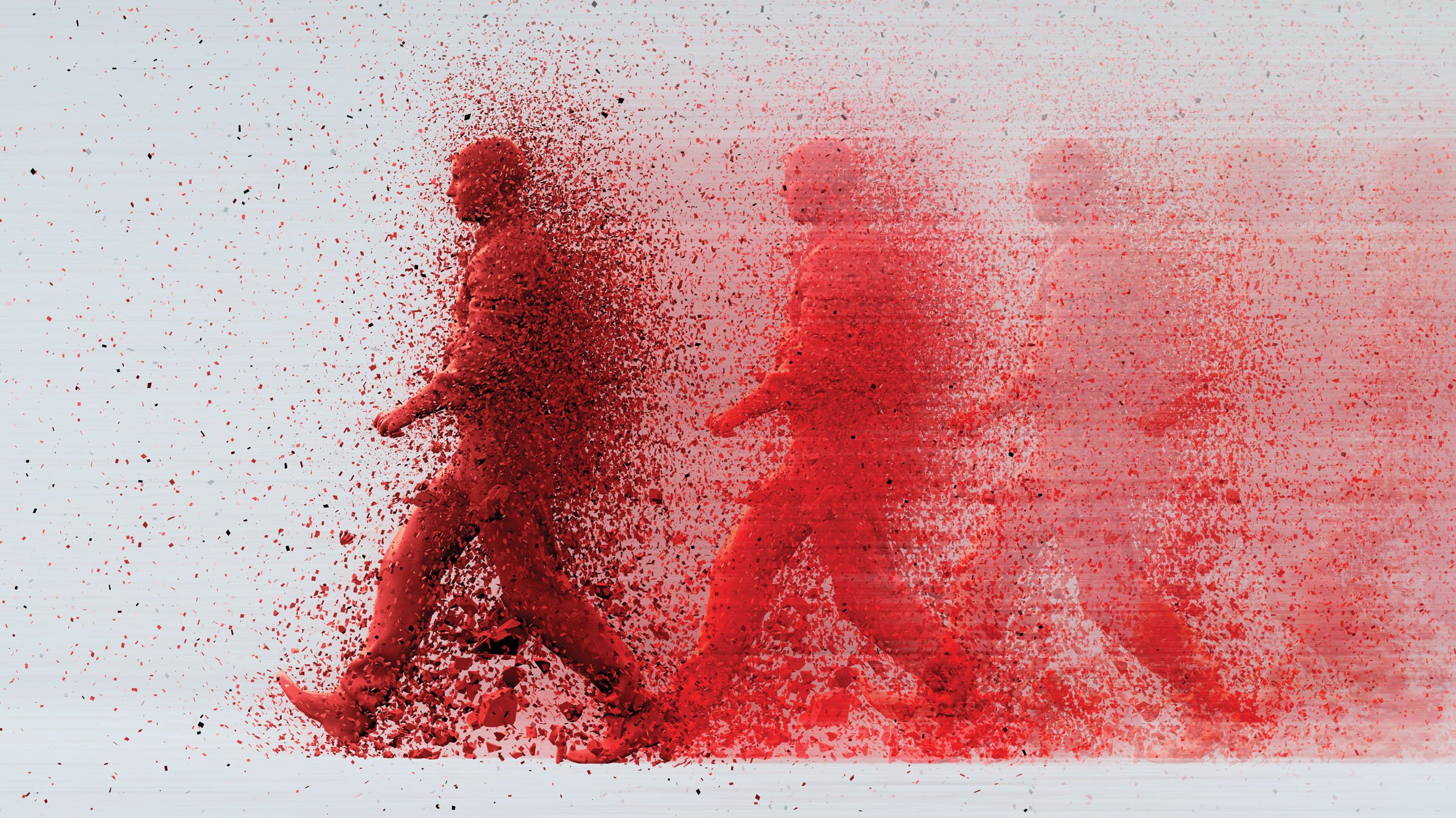 Exploding businessman walking, 3D-generated image.