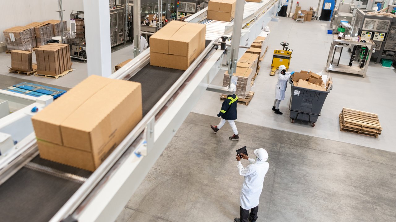Factory workers in white lab coats and hard hats walk beneath overhead conveyor line moving brown corrugated boxes in processing facility. Factory workers near packaging line can use alternative measures to lockout tagout safety for minor servicing tasks.
