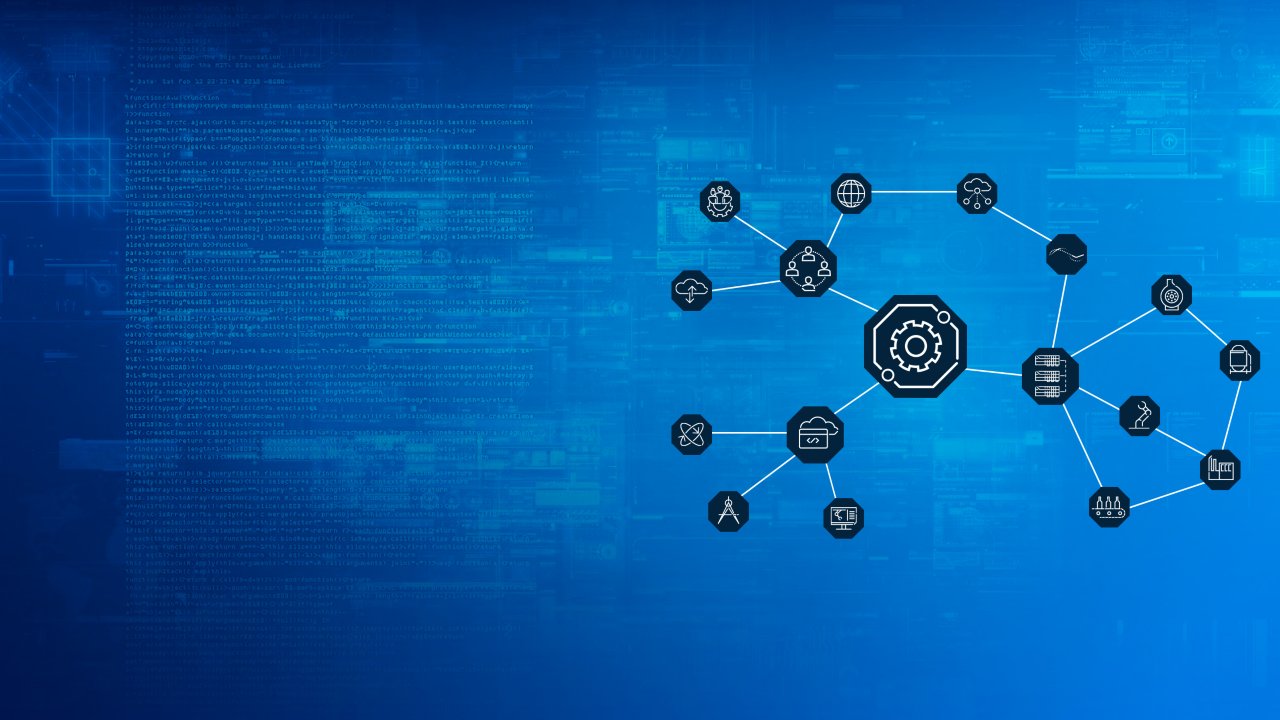 Eine Serie von Cloud-Software-Symbolen, die durch Linien mit blauem, digitalem Hintergrund miteinander verbunden sind.