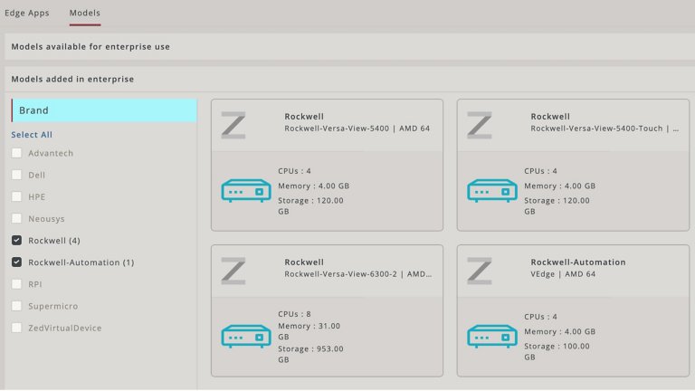 Screenshot of FactoryTalk Edge Manager models available