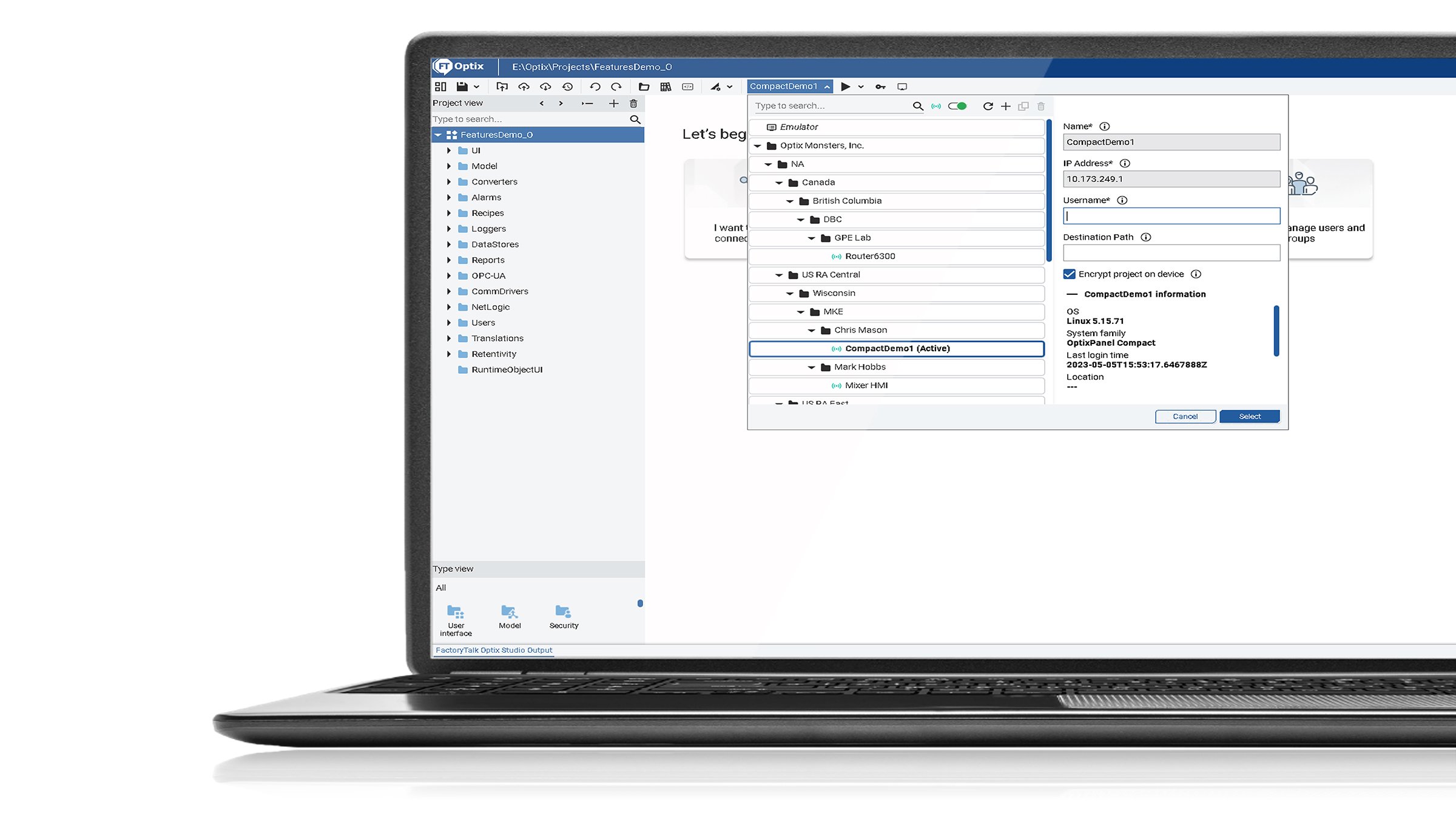 Écran d'ordinateur montrant l'interface logiciel de FactoryTalk Optix. Il comporte un menu avec différentes options et des barres de défilement.