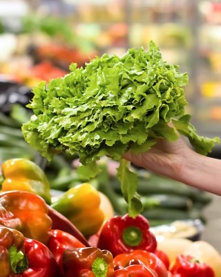 Vegetables in grocery holding in a hand by a woman