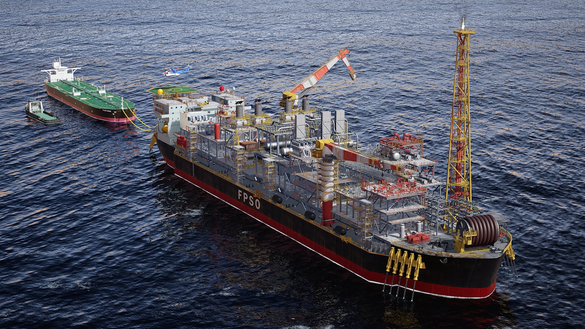 A working FPSO vessel with an oil tanker hooked up and transferring oil, situated on the open sea with a helicopter approaching the helipad