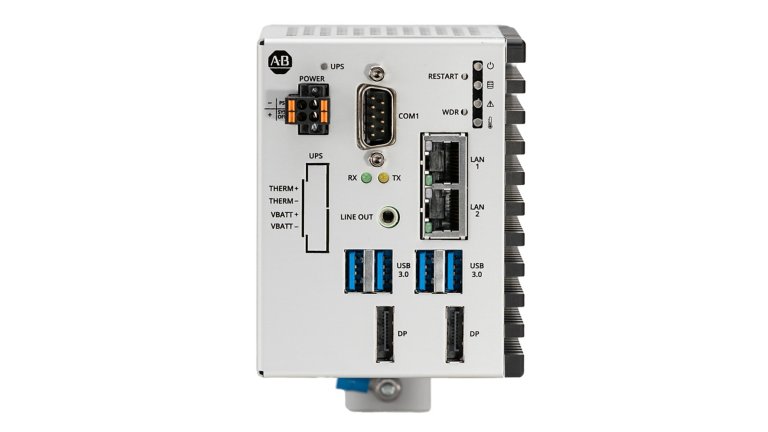 Vorderansicht des ASEM 6300T Dual DisplayPort Thin-Client auf weißem Hintergrund. 6300T-BBD2DA-ABNNNN-N1S