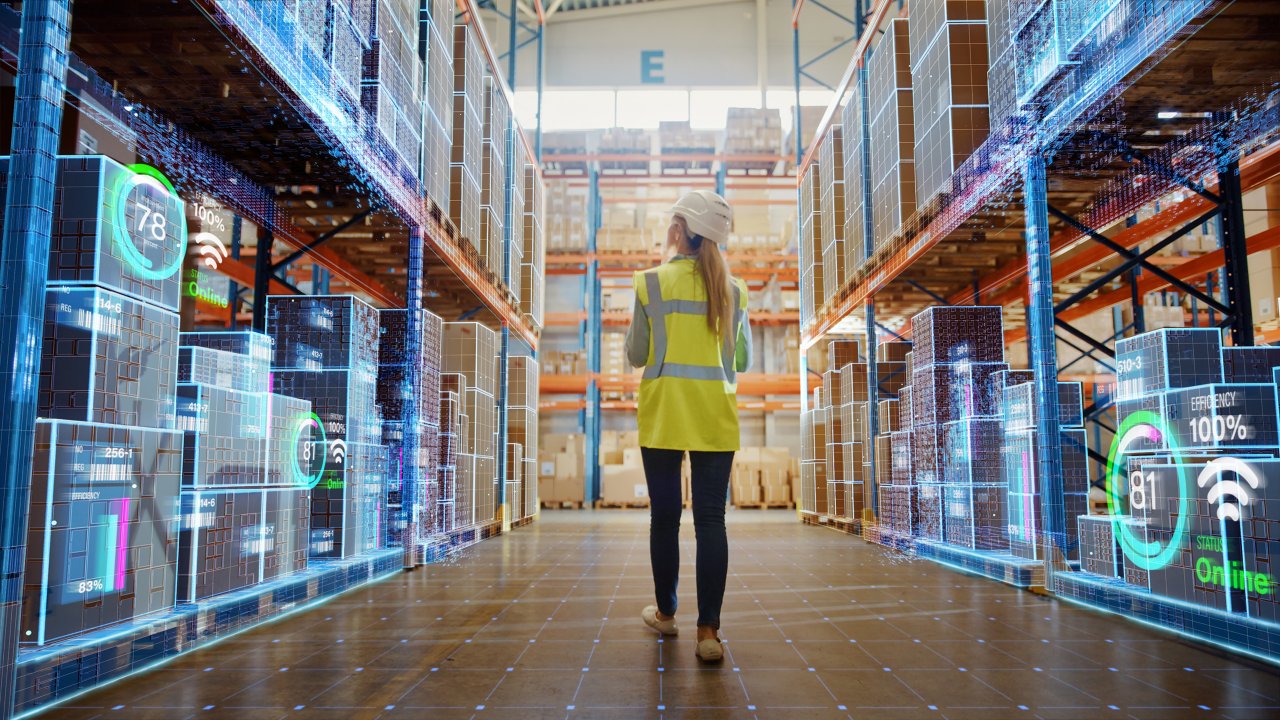 Futuristic Technology Retail Warehouse: Worker Doing Inventory Walks when Digitalization Process Analyzes Goods, Cardboard Boxes, Products with Delivery Infographics in Logistics, Distribution Center