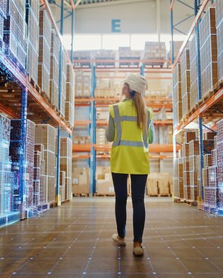 採用未來科技的零售倉儲：員工在進行庫存盤點，同時透過數位化流程分析物流、配銷中心的貨物、紙箱、產品與配送資訊圖表