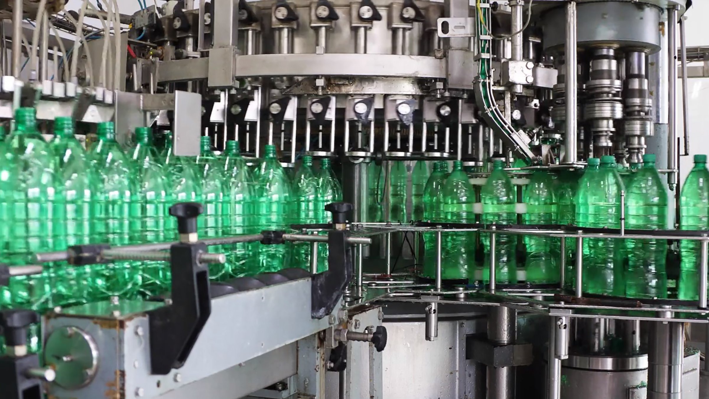 Green bottles on factory line
