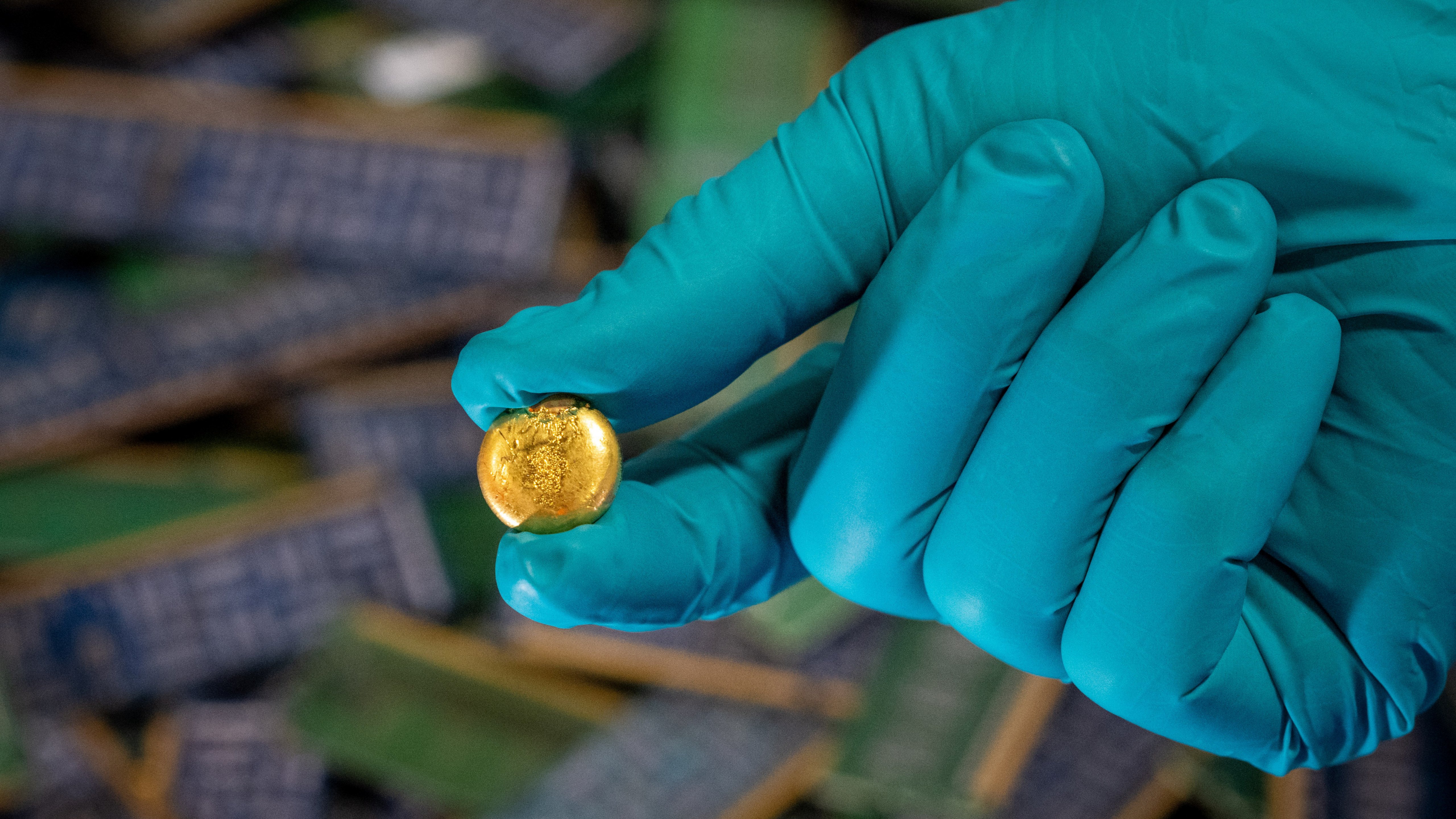 Hand in a blue glove holding gold pin - Royal Mint