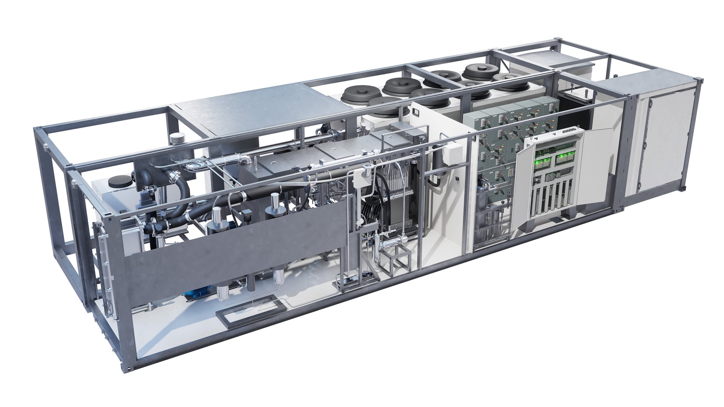 A large hydrogen electrolyzer unit with open sides to see the inner working of the unit for hydrogen production.