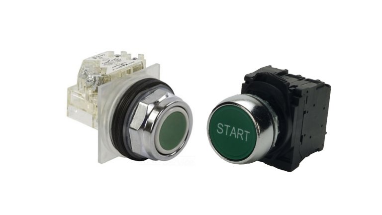 Sprecher & Schuh Series D7 Pilot Devices are IEC compared to NEMA style devices on the left