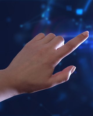 Hand reaching for automation icon surrounded by global icon and person icon. 