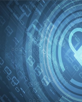 Um cadeado azul de alta tecnologia em um fundo sombreado azul indicando cibersegurança e proteção das informações