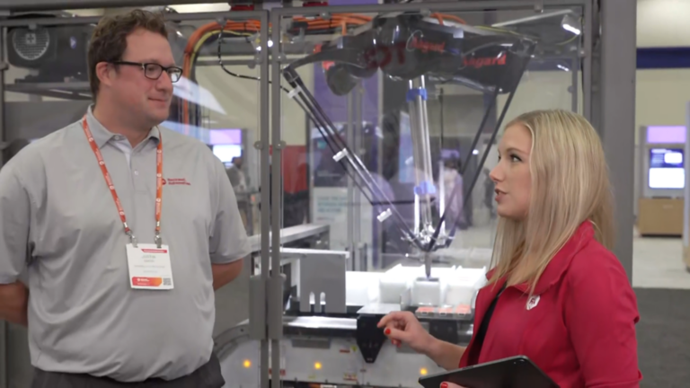 Nicole Bulanda and Justin Garski discussing packaging at Automation Fair.