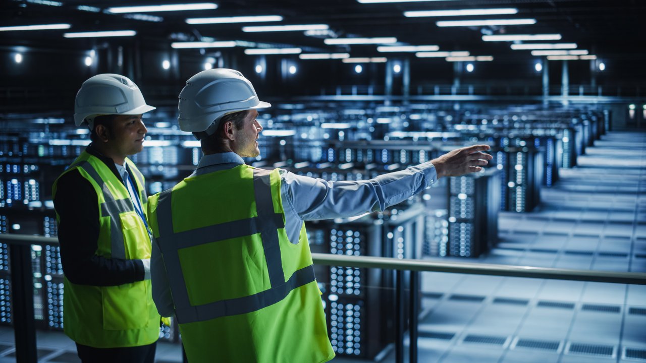 An IT Specialist and a System Administrator talking in a Data Center while wearing safety vests. 