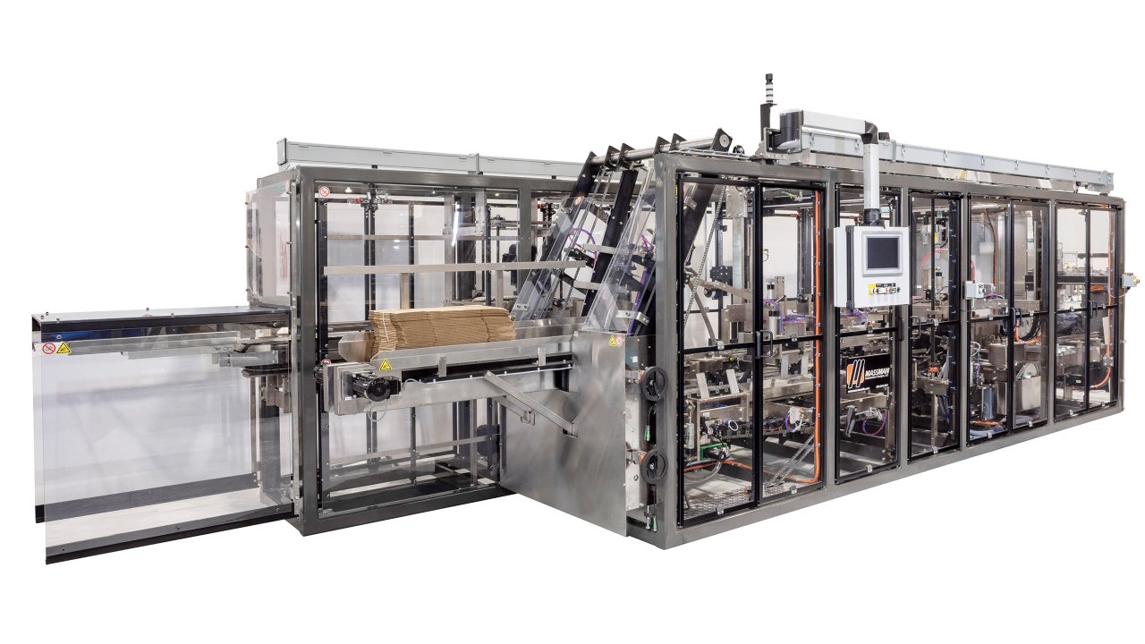 Wraparound case packer for knockdown or RSC cases features an all-in-one design that combines erecting, loading and sealing in a single frame provided by Massman Automation