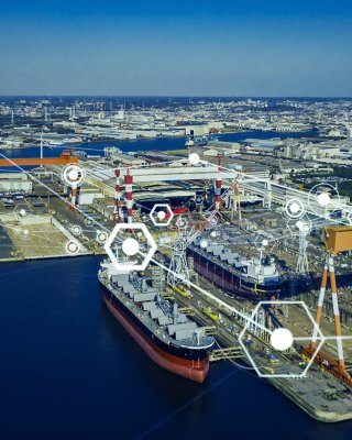 Modern shipyard aerial view and communication network concept.