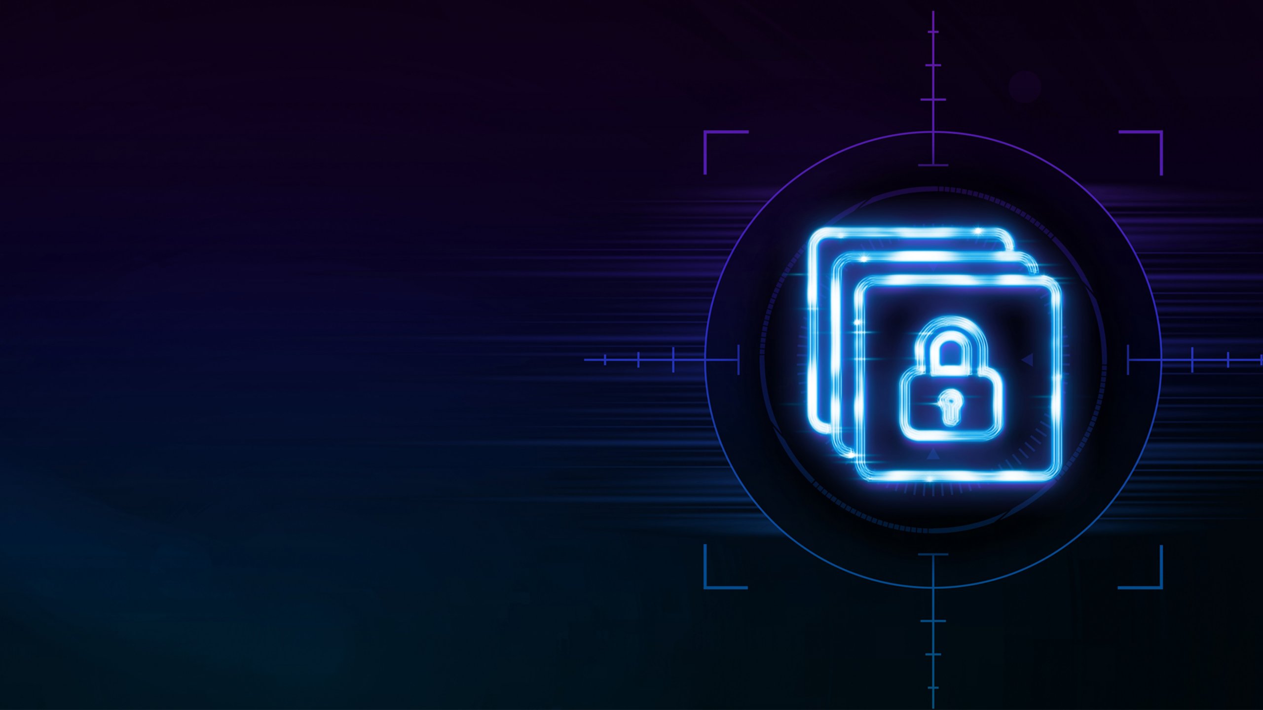 Neon blue security lock icon over dark background fading purple to green.