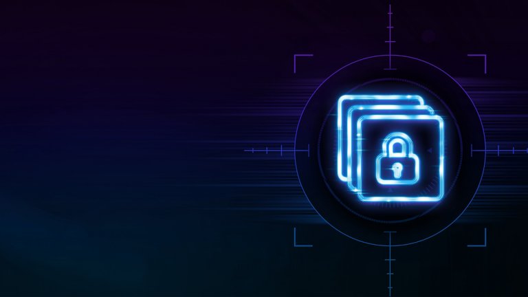 Neon blue security lock icon over dark background fading purple to green.