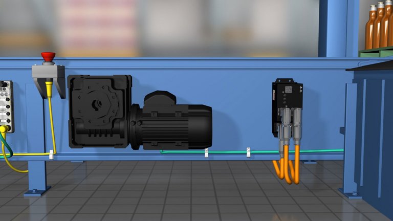 Un rendering digitale di una linea di produzione con un servoazionamento distribuito ArmorKinetix montato su un trasportatore.