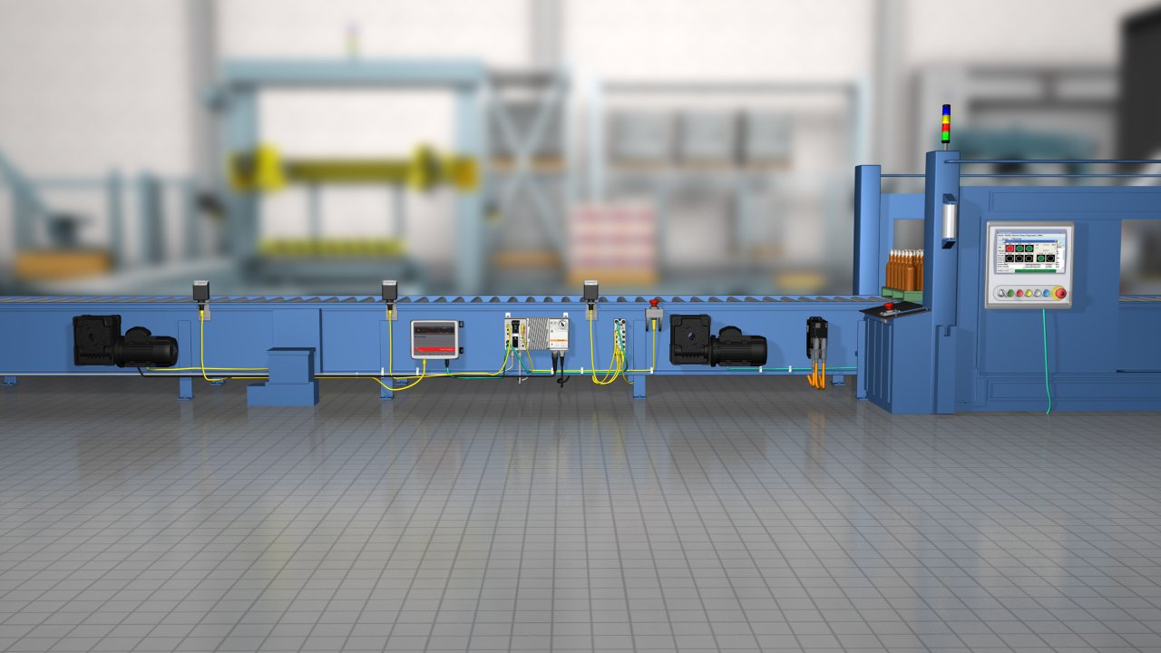 A digital rendering of a production line with an Armor GuardLogix, Armor PowerFlex, ArmorBlock I/O and an ArmorKinetix distributed servo drive mounted to the conveyor.