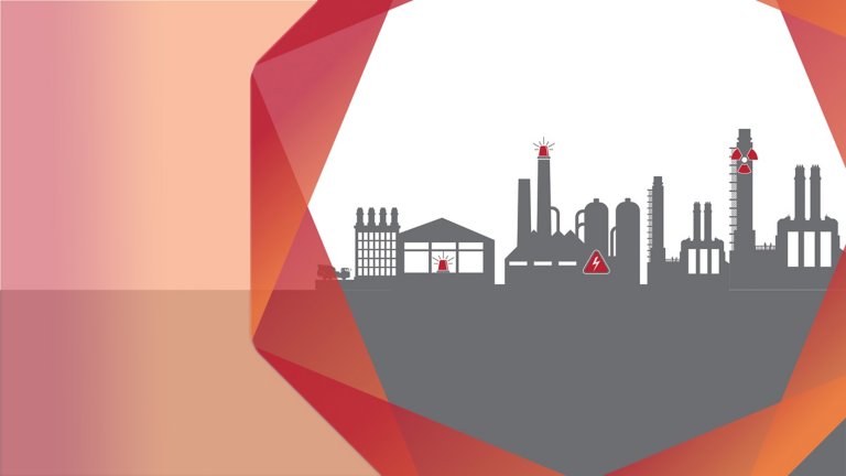 An outline of a factory skyline with red symbols indicating safety concerns and hazards.