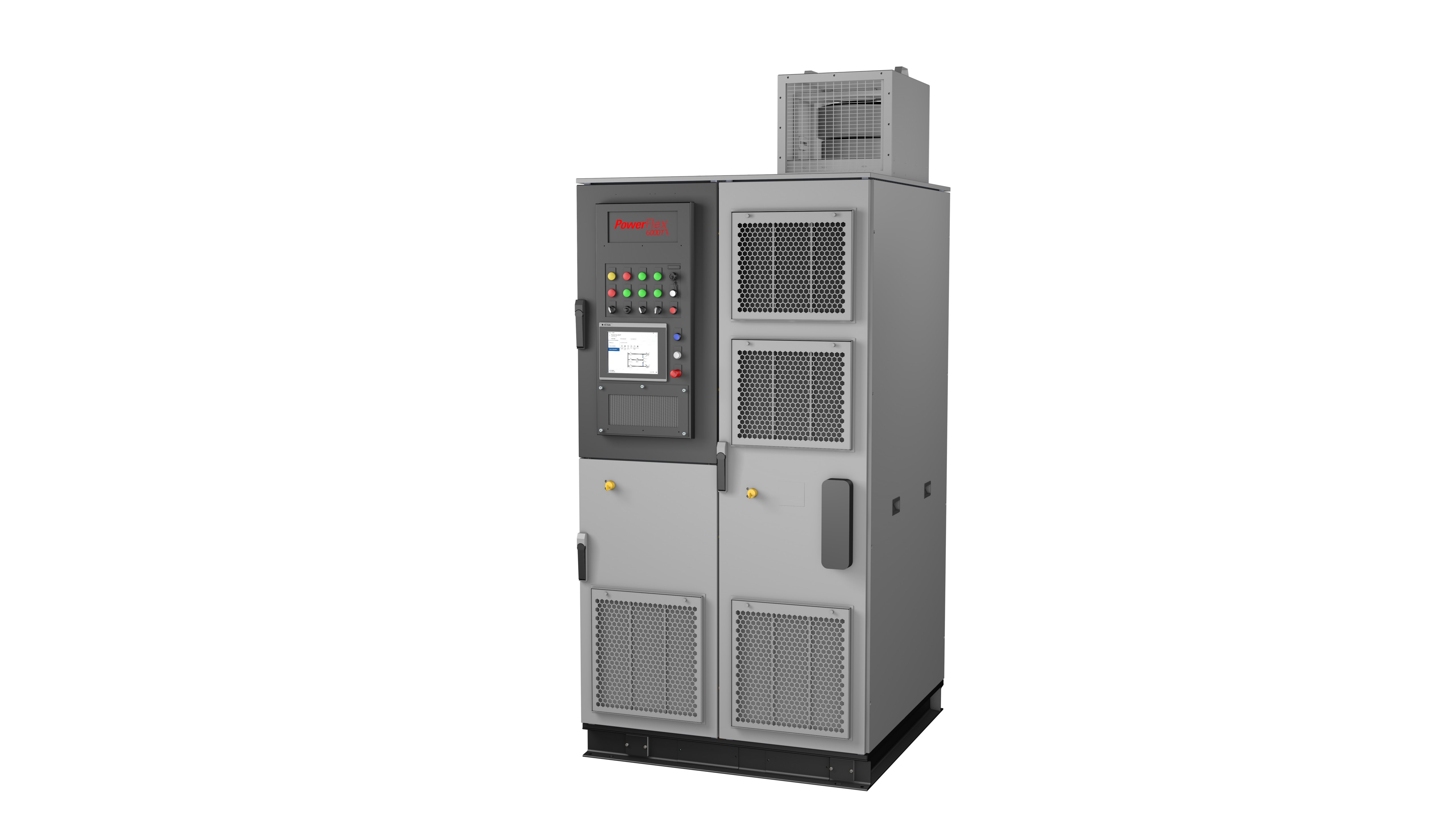 Two tall, gray side-by-side metal cabinets comprise the PowerFlex 6000T variable frequency drive unit from Rockwell Automation – used to control motors in heavy industrial applications.