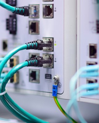 cabos ethernet azuis conectados a um painel à direita