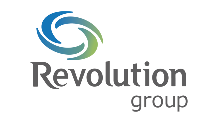 Revolution group company logo with blue and green emblem