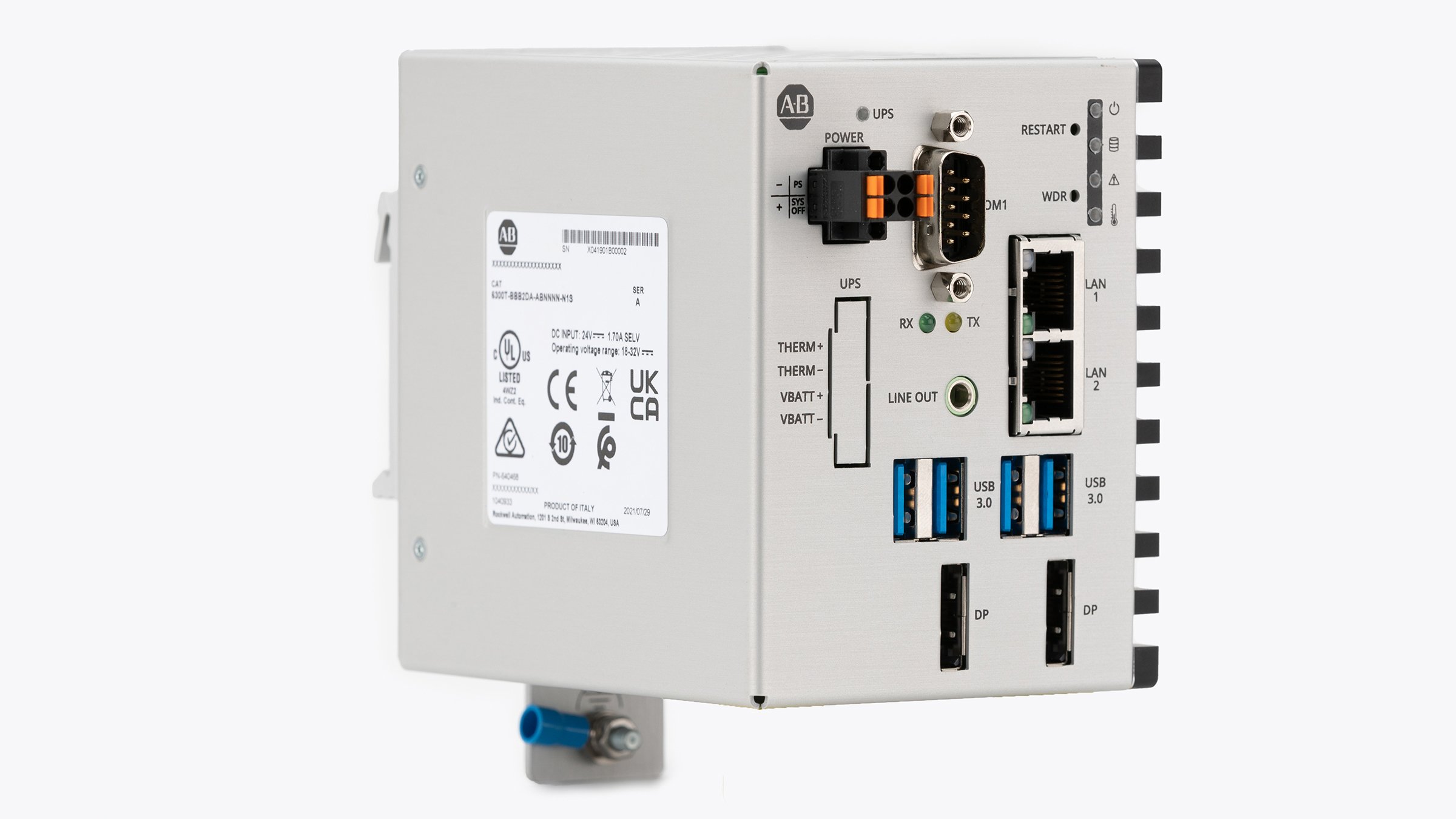 Right side view of the ASEM 6300T Dual DisplayPort Thin Client on a white background. 6300T-BBD2DA-ABNNNN-N1S