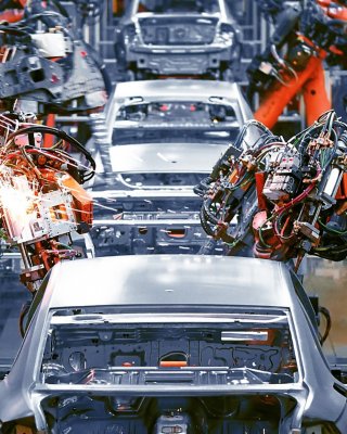Industrial robot on automotive smart manufacturing plant floor
