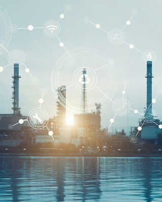 Oil and gas refinery with physical system icons  and wireless communications diagram on oil and gas refinery image background