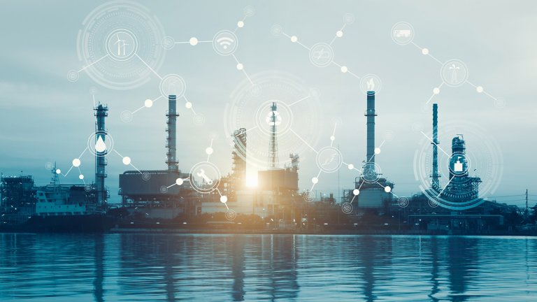 Oil and gas refinery with physical system icons  and wireless communications diagram on oil and gas refinery image background