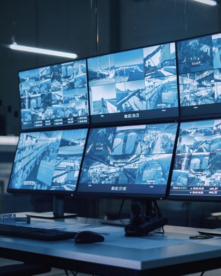  Security Control Room with Multipoke Computer Screens Showing Surveillance Camera Footage Feed. Industrial cybersecurity