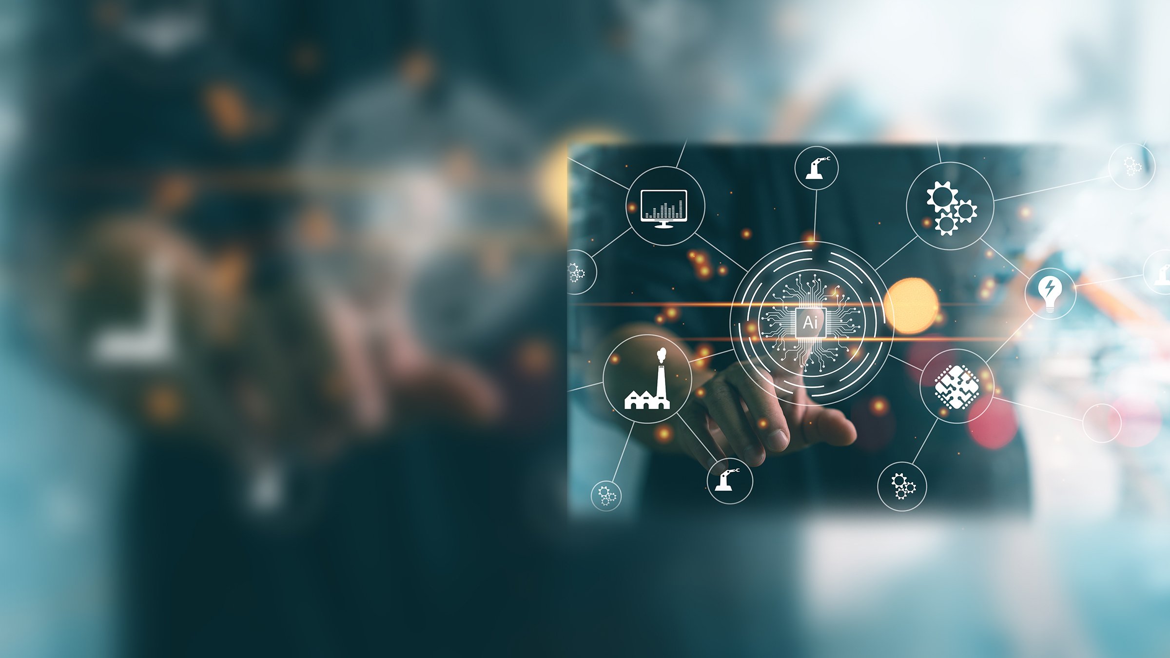 Hand using in index finger to touch diagram showing networking with Ai. Different symbols branching off Ai are a factory, computer monitor, robot arm, gears, light bulb, and computer chip, which suggest smart manufacturing and automation.