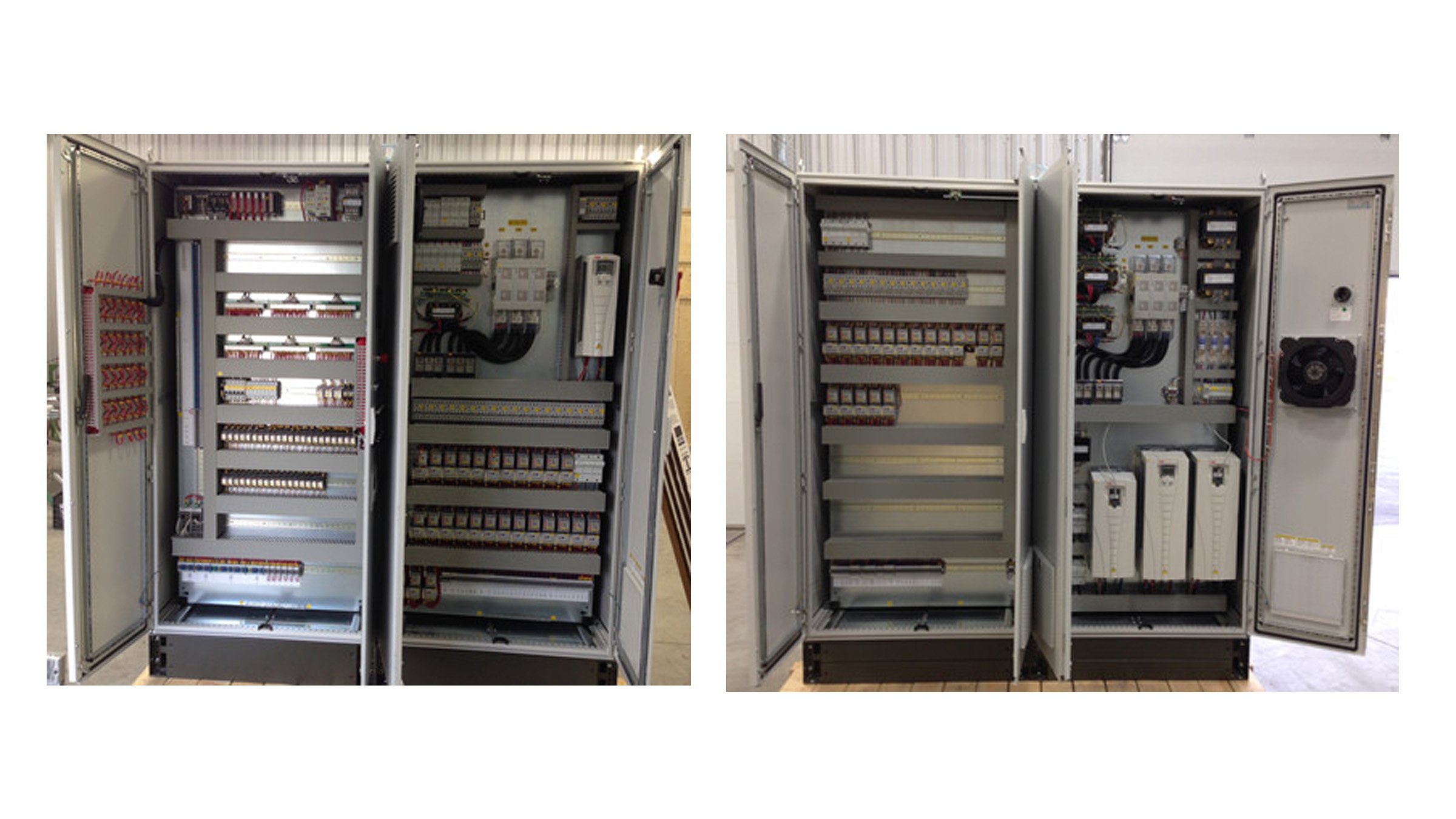 Interior view of two multi-starter control panels for control of variety of equipment at soybean oil manufacturer
