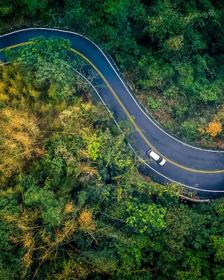Car driving through a winding road in a forest or scenic landscape